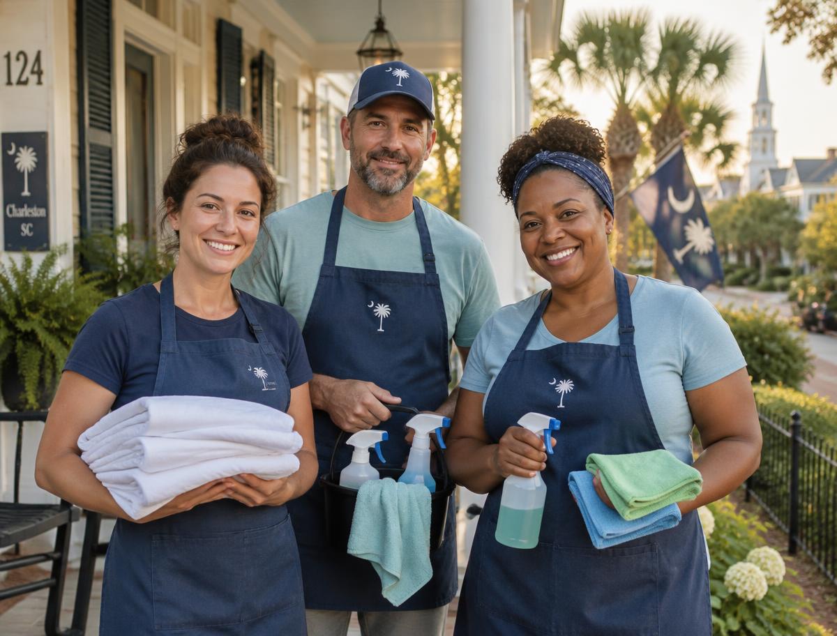 The family owned Southern Shore Cleaners crew on a Charleston porch